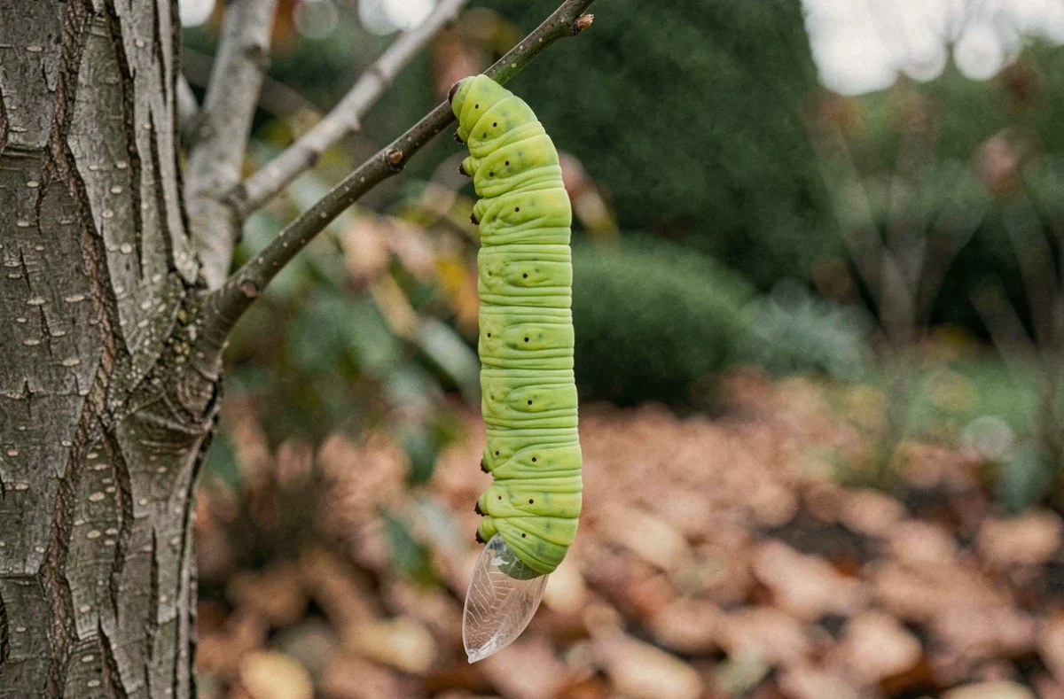 Chenille verte fluo en train de se chrysalider sur une branche d'arbre dans un jardin, transformation en papillon