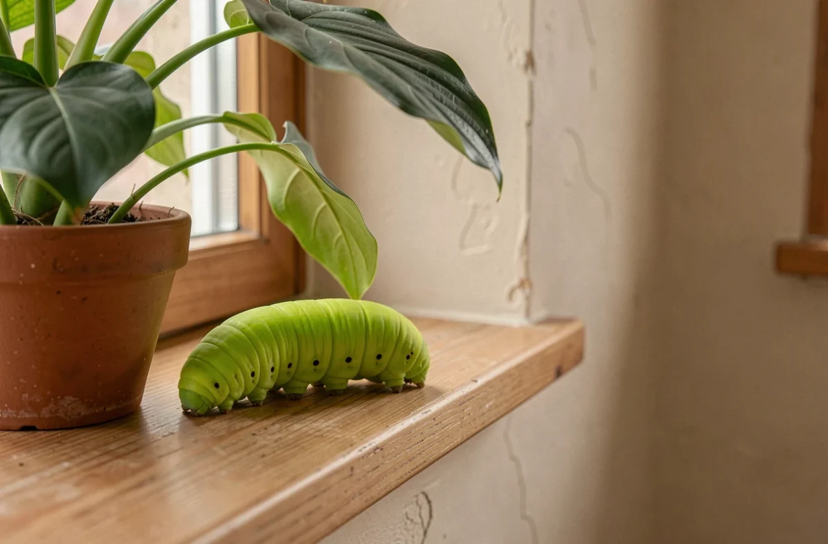 Chenille verte fluo à l'intérieur d'une maison sur un rebord de fenêtre près d'une plante verte en pot
