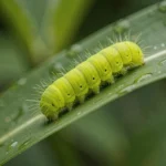 Chenille verte fluo sur une feuille dans un jardin, vue macro avec détail des soies et gouttelettes de rosée