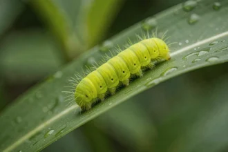 Chenille verte fluo sur une feuille dans un jardin, vue macro avec détail des soies et gouttelettes de rosée