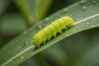 Chenille verte fluo sur une feuille dans un jardin, vue macro avec détail des soies et gouttelettes de rosée