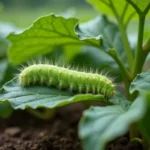 Chenille verte de papillon sur une feuille de plante potagère avec des traces de morsures visibles dans un jardin