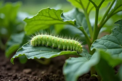 Chenille verte de papillon sur une feuille de plante potagère avec des traces de morsures visibles dans un jardin