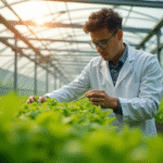 Chercheur examine des plantes vertes en serre moderne