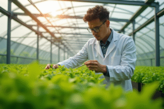 Chercheur examine des plantes vertes en serre moderne
