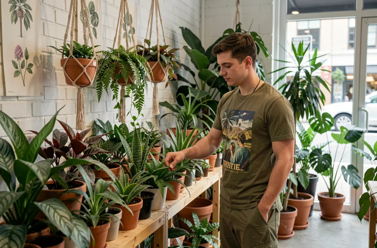 Horticulteur de Chloro Manias entretenant une collection de plantes rares dans une boutique végétale