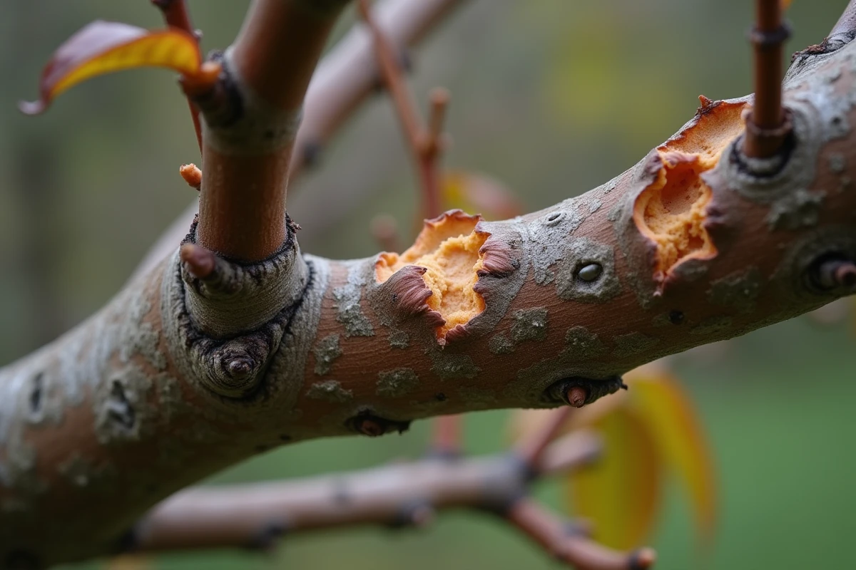 Cicatrices et blessures mal guéries sur les branches d'un pêcher suite à des erreurs de taille répétées