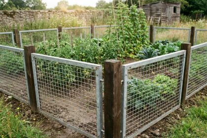 Clôture rigide en panneaux de métal galvanisé entourant un potager familial avec rangées de tomates et haricots