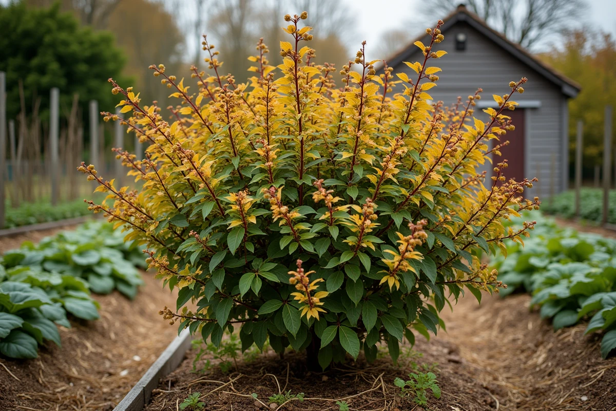 Arbuste Colina Josta en automne dans un jardin potager avec feuillage changeant