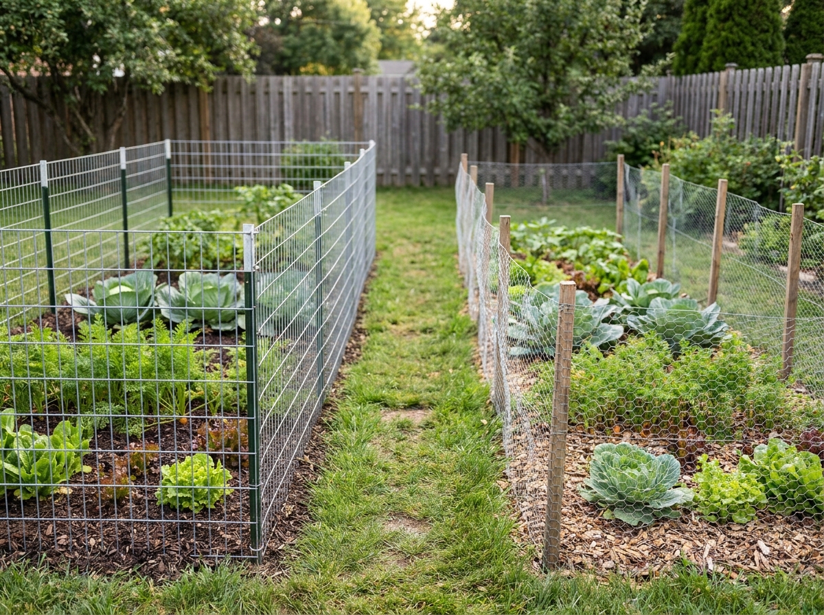 Comparaison côte à côte d'une clôture rigide et d'un grillage souple autour de deux parcelles de potager familial