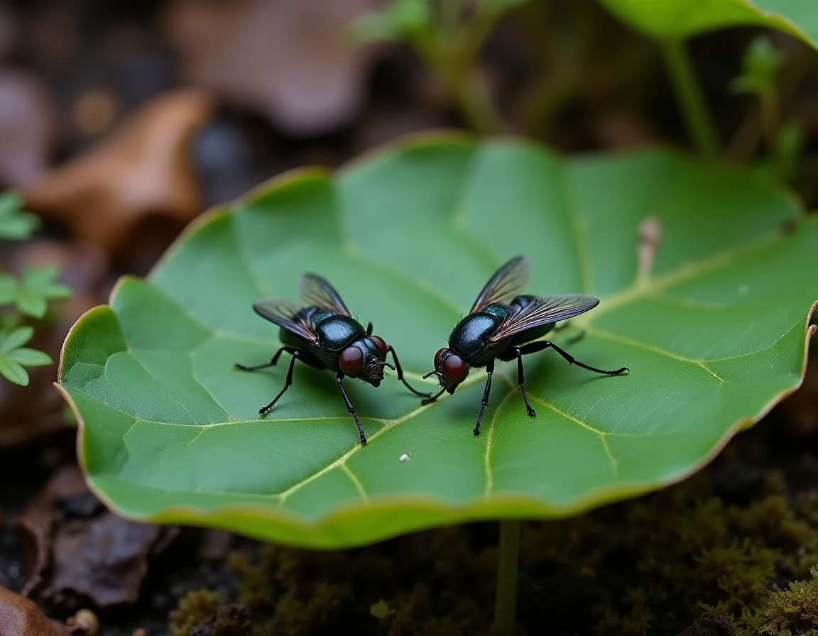 Comparaison de plusieurs insectes noirs volants posés sur une feuille verte en sous-bois, détail morphologique