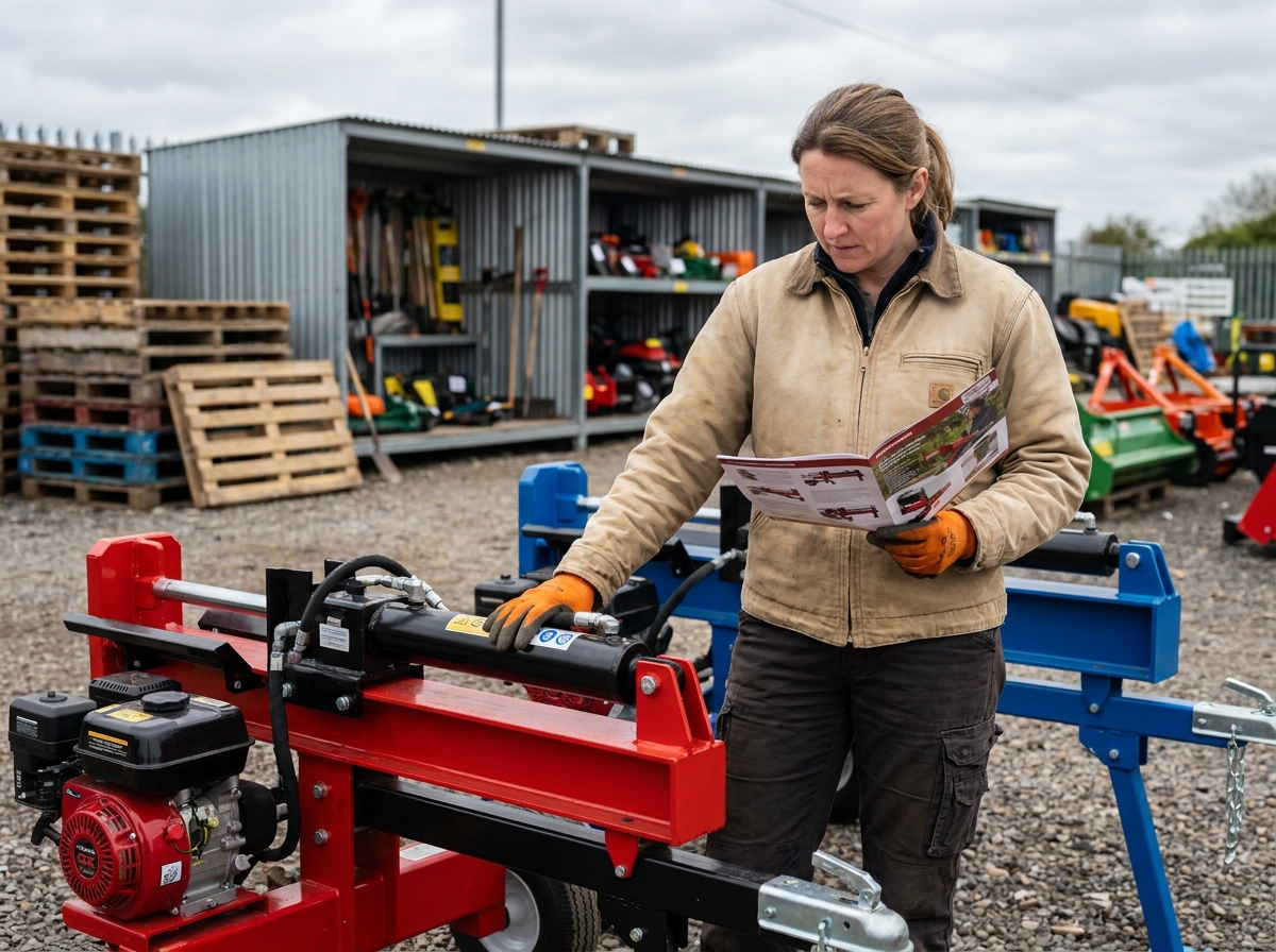 Femme comparant deux modèles de fendeuses thermiques dans un magasin de matériel agricole