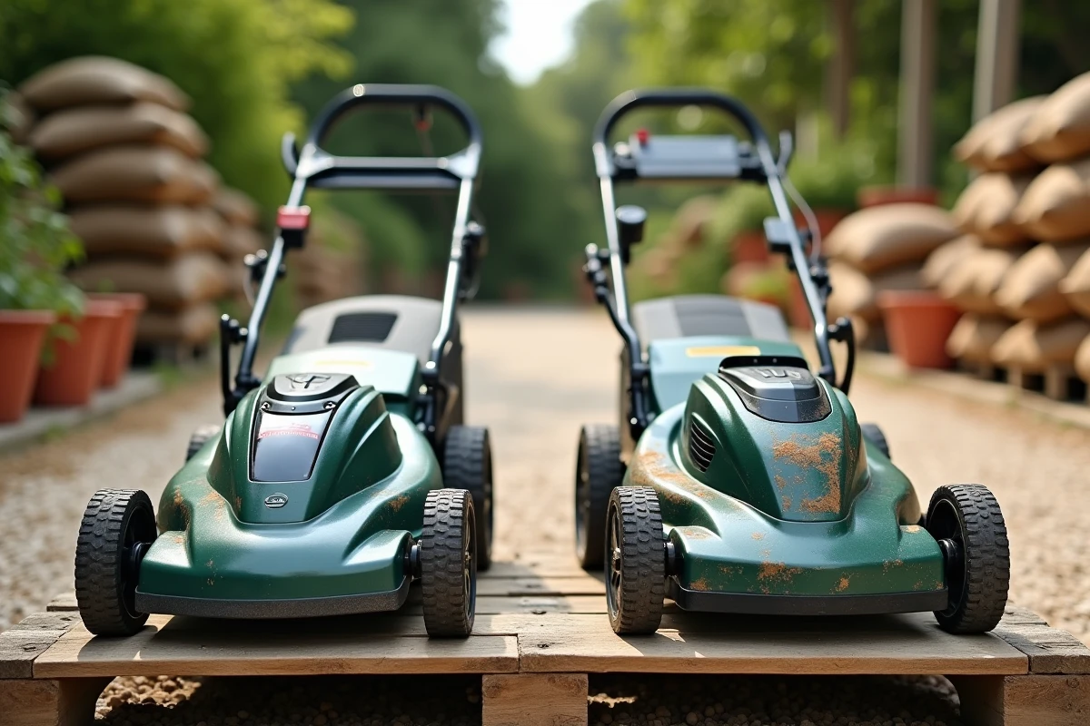Comparaison de deux tondeuses sur batterie côte à côte dans un contexte de jardinerie, analyse des modèles robustes pour usage intensif