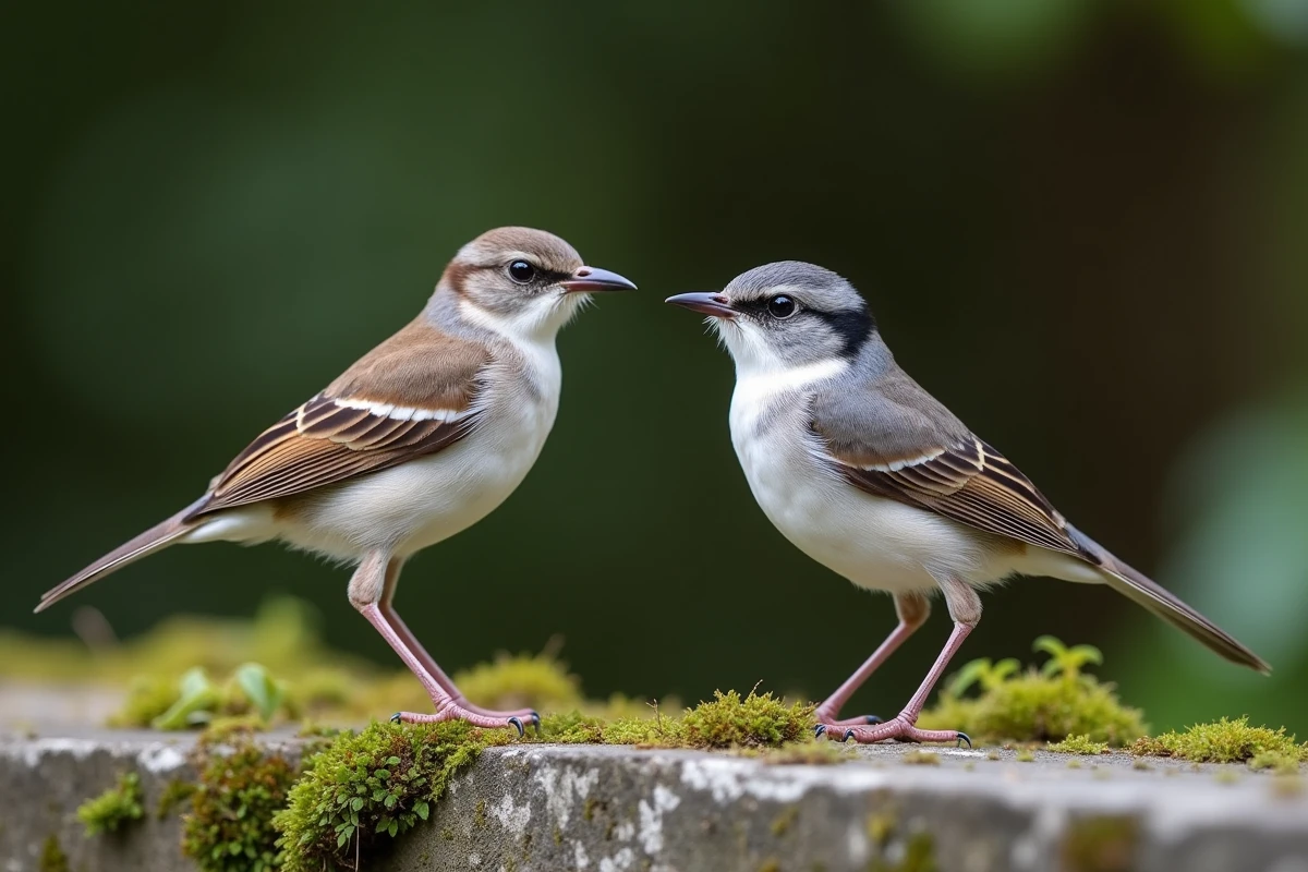 Comparaison de deux petits oiseaux discrets aux plumages gris et blanc similaires posés sur un muret en pierre