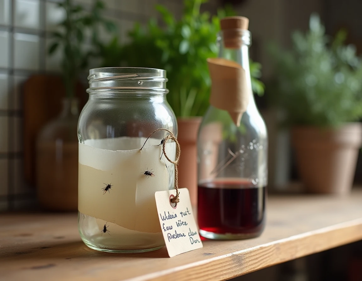 Deux pièges à moucherons artisanaux côte à côte sur une étagère en bois dans une cuisine, bocal en verre et bouteille de vin avec entonnoir