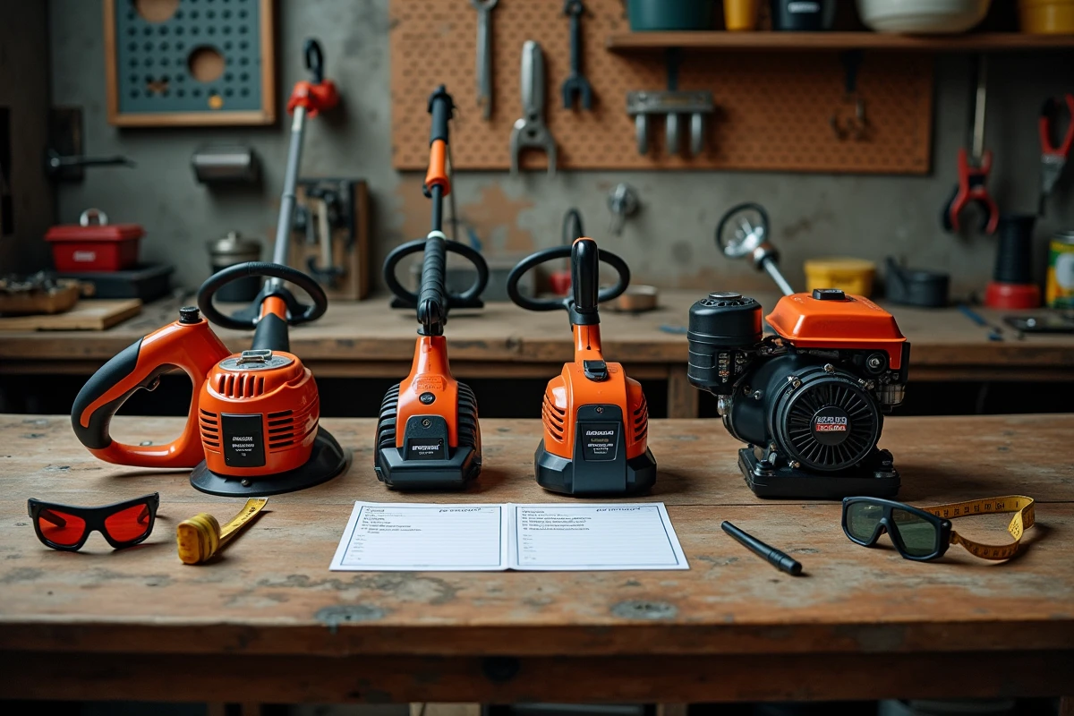 Comparaison de trois types de rotofils sur un établi avec checklist d'achat et accessoires de sécurité