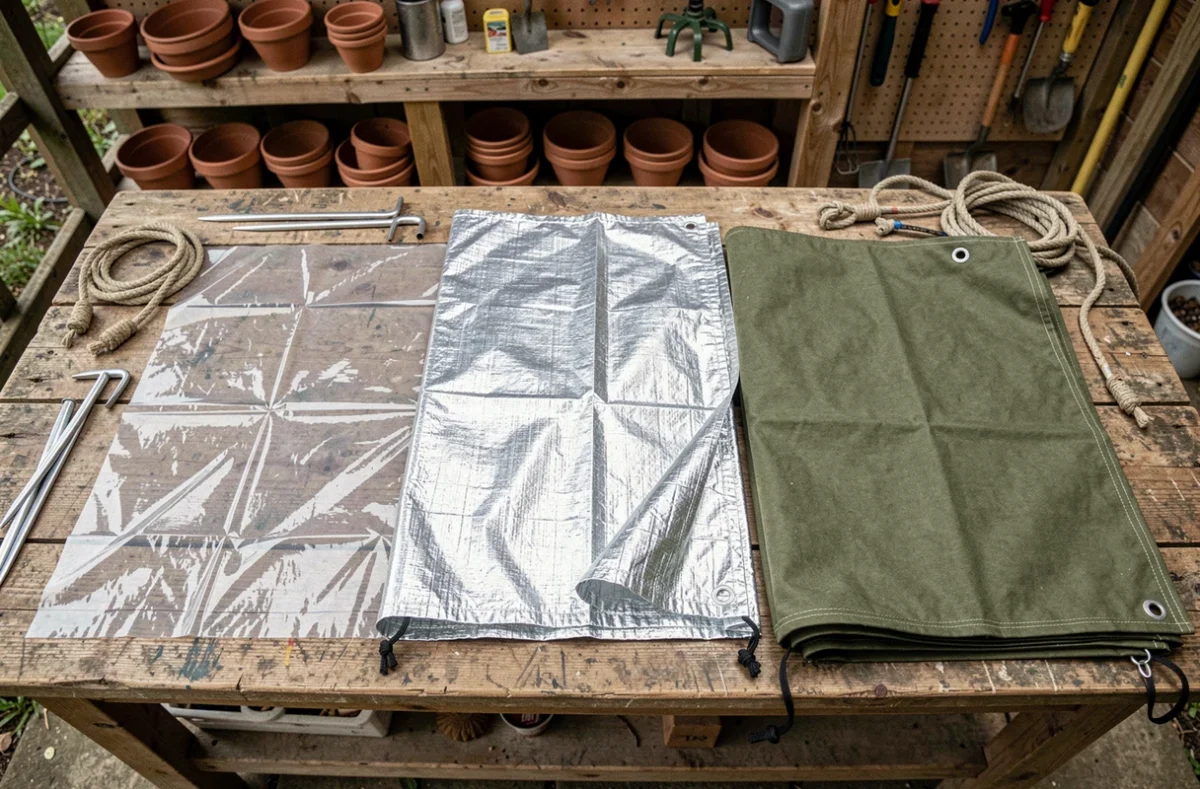 Vue de dessus de trois types de bâches de jardin différentes comparées sur un établi en bois dans un atelier de jardinage