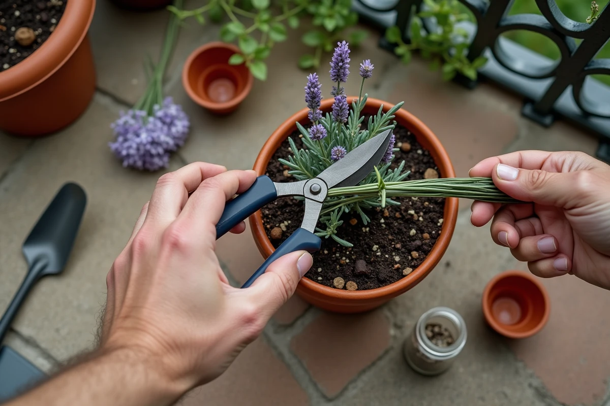 Mains masculines coupant une bouture de lavande avec un sécateur sur une petite terrasse