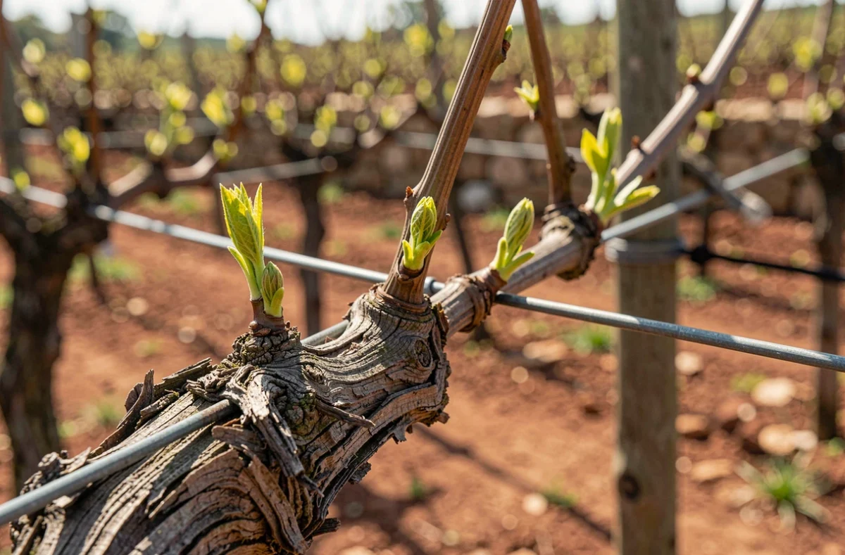 Gros plan sur les coursons taillés d'un cordon de vigne avec bourgeons printaniers naissants