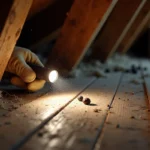 Crottes de rongeurs ou de chauve-souris découvertes dans les combles d'une maison, inspection en gros plan avec lampe torche et gants de protection