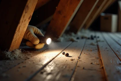 Crottes de rongeurs ou de chauve-souris découvertes dans les combles d'une maison, inspection en gros plan avec lampe torche et gants de protection