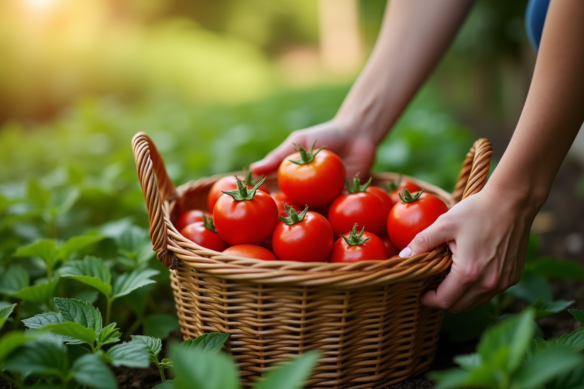 Personne cueillant des tomates mûres dans un jardin verdoyant