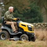 Homme utilisant une débroussailleuse autoportée sur un terrain pentu avec végétation dense dans un jardin privé