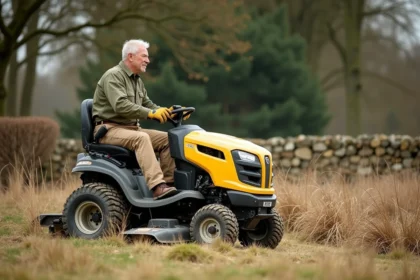 Homme utilisant une débroussailleuse autoportée sur un terrain pentu avec végétation dense dans un jardin privé