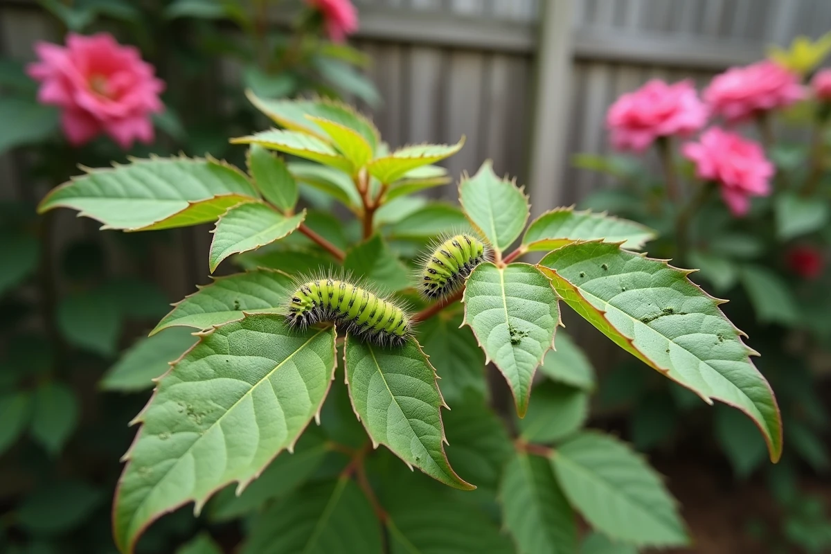 Dégâts de chenilles vertes sur feuilles de rosier avec frass et feuilles squelettisées