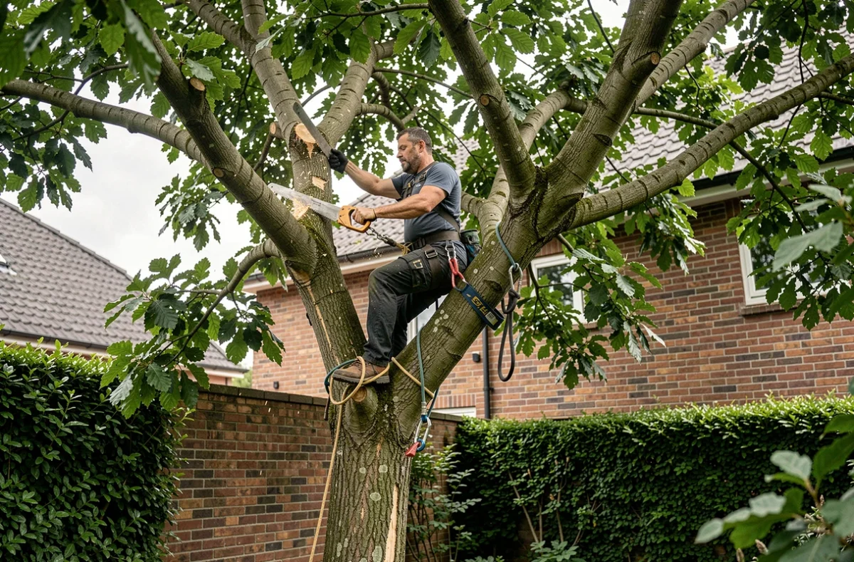 Élagueur grimpeur en harnais démontant un hêtre par sections dans un jardin urbain contraint avec mur de briques
