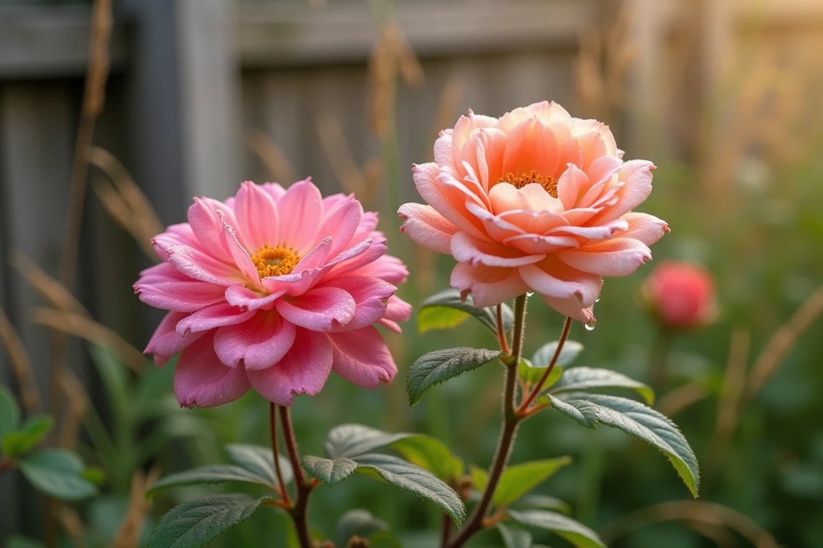 Gros plan d'une association deutzia rose et rosier saumon dans une bordure de jardin champêtre avec rosée matinale