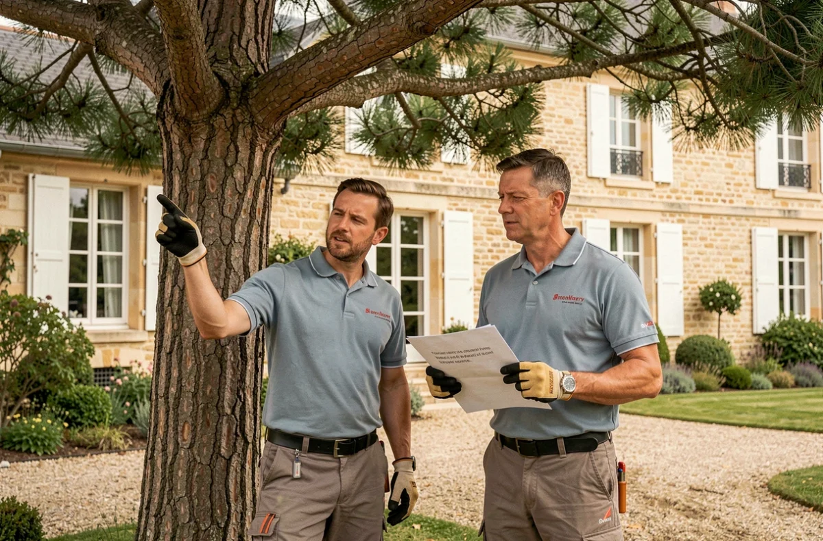 Deux élagueurs professionnels consultant un devis devant un grand pin dans un jardin avec maison en pierre française