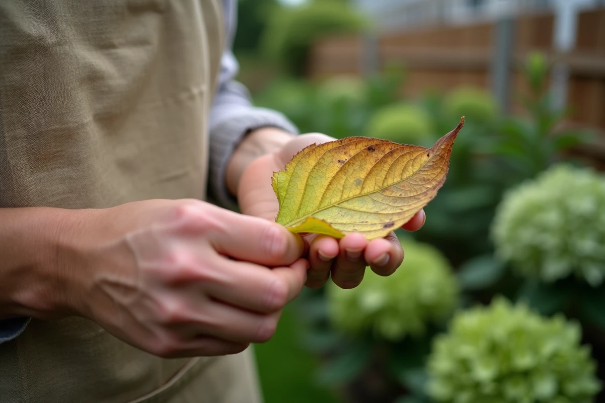Mains de jardinier tenant une feuille jaunie d'hortensia avec taches et bords bruns pour diagnostic