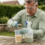 Homme mesurant la dose de Roundup dans un verre gradué pour préparer un litre de solution herbicide au jardin