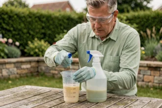 Homme mesurant la dose de Roundup dans un verre gradué pour préparer un litre de solution herbicide au jardin