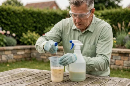 Homme mesurant la dose de Roundup dans un verre gradué pour préparer un litre de solution herbicide au jardin