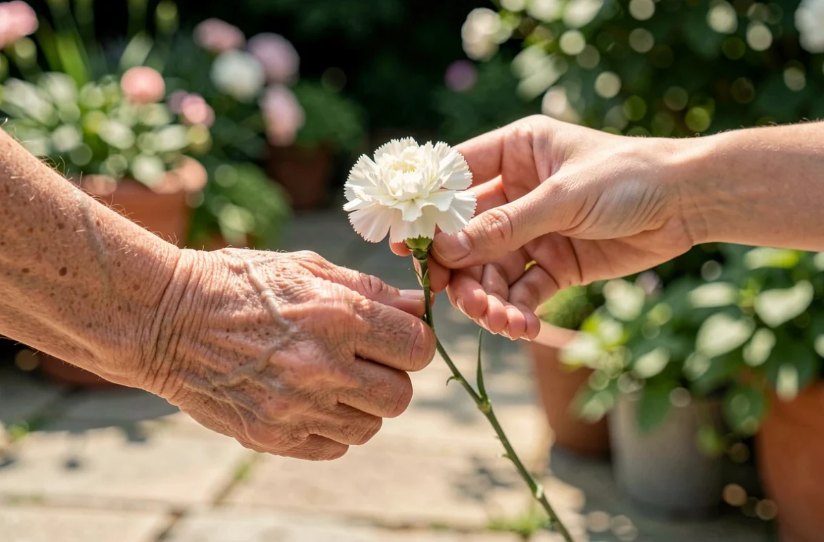Deux mains échangeant un œillet blanc dans un jardin, symbolisant la transmission, l'amitié intergénérationnelle et le langage des fleurs selon les occasions