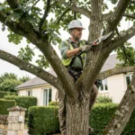 Élagueur professionnel en tenue de sécurité taillant les branches d'un grand chêne dans un jardin pavillonnaire français