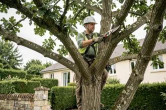 Élagueur professionnel en tenue de sécurité taillant les branches d'un grand chêne dans un jardin pavillonnaire français