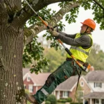 Élagueur professionnel en tenue de sécurité taillant les branches d'un grand chêne en zone résidentielle