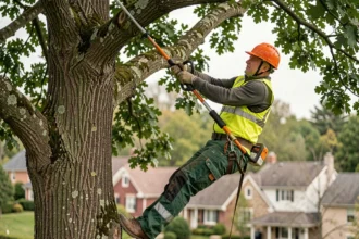 Élagueur professionnel en tenue de sécurité taillant les branches d'un grand chêne en zone résidentielle