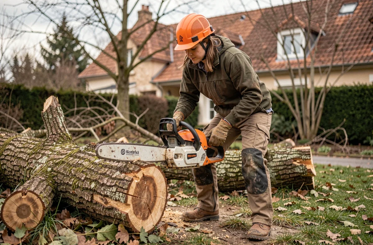 Élagueuse en équipement de protection utilisant une tronçonneuse professionnelle sur un tronc d'arbre tombé après une tempête