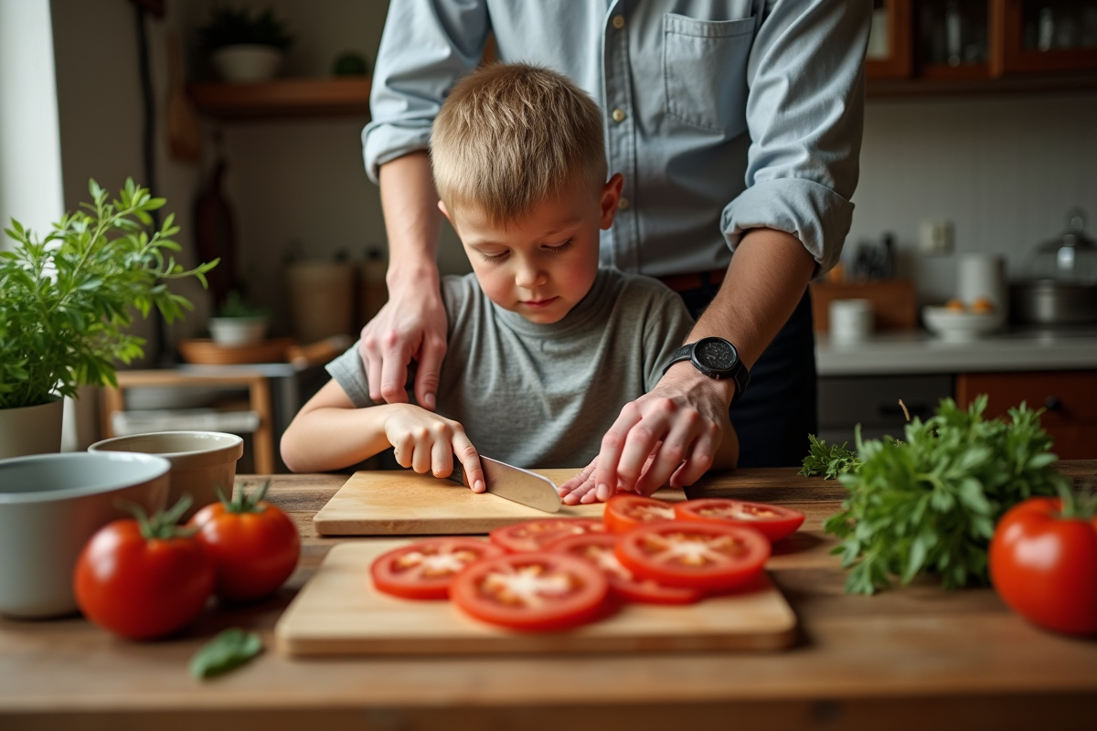 Enfant et père coupant des tomates dans la cuisine