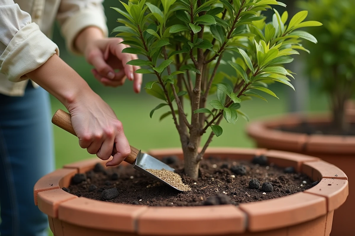 Apport d'engrais granulaire au pied d'un arbre à crevette dans un parterre surélevé de jardin