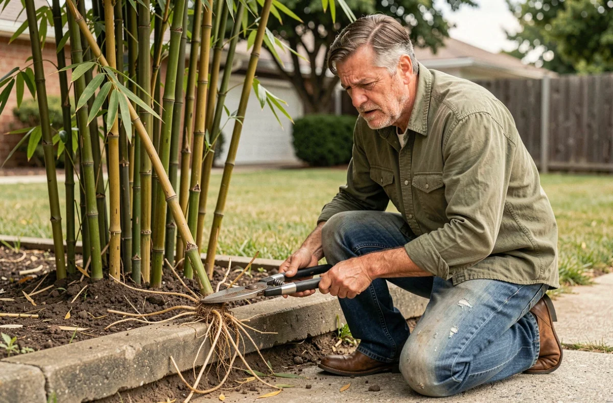 Jardinier en train de tailler des rhizomes de bambou envahissants au bord d'une allée de jardin avec des cisailles