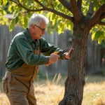 Jardinier faisant une erreur de taille sur un pêcher dans un verger, coupe mal positionnée sur une branche principale
