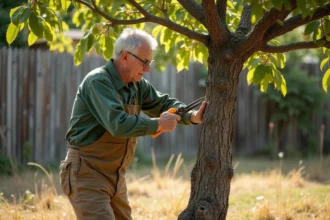 Jardinier faisant une erreur de taille sur un pêcher dans un verger, coupe mal positionnée sur une branche principale