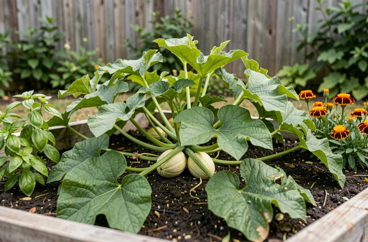 Plant de melon biologique en pleine croissance dans un potager surélevé avec des fruits en formation