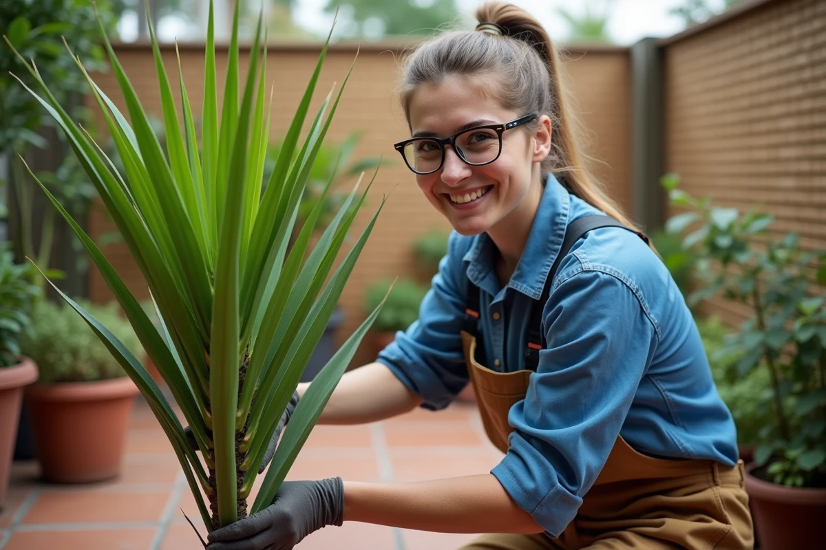 Jeune femme inspectant une fronde de palmier dans un patio