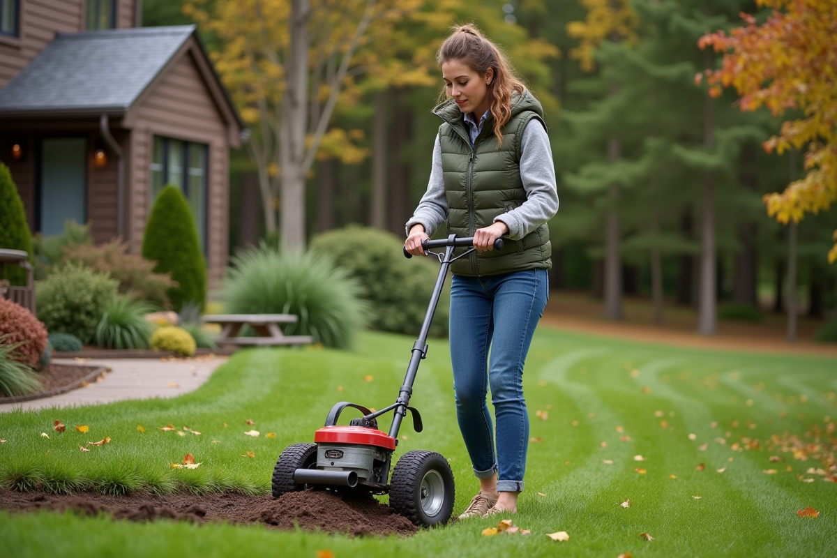 Jeune femme utilisant un aérateur de sol sur la pelouse